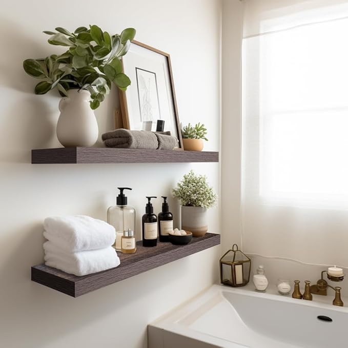 LaVie Home Floating Shelves, 24 Inch Wall Shelf Set of 2, Hanging Shelf with Invisible Brackets, Wall Decor for Bathroom, Bedroom, Living Room, Kitchen Storage, Rustic Brown-Ruum Studio Home