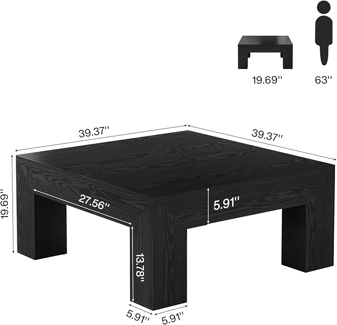 Tribesigns 39.4-Inch Square Coffee Table for Living Room, Farmhouse All MDF Accent Center Cocktail Table with Sturdy Wooden Legs, Easy Assembly, Black-Ruum Studio Home