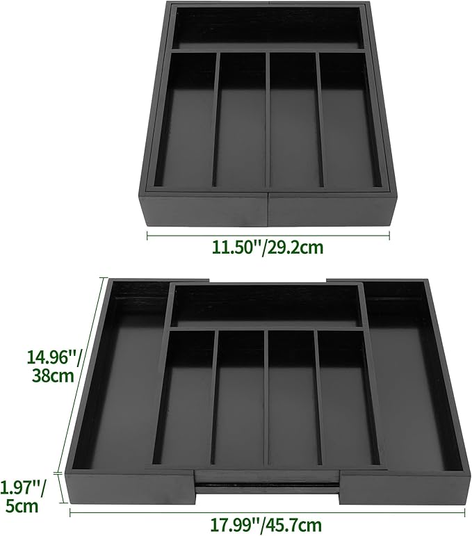 VaeFae Bamboo Drawer Organizer, Expandable Silverware Drawer Organizer, Cutlery Tray with Dividers for Kitchen Utensils (Black, Medium)-Ruum Studio Home