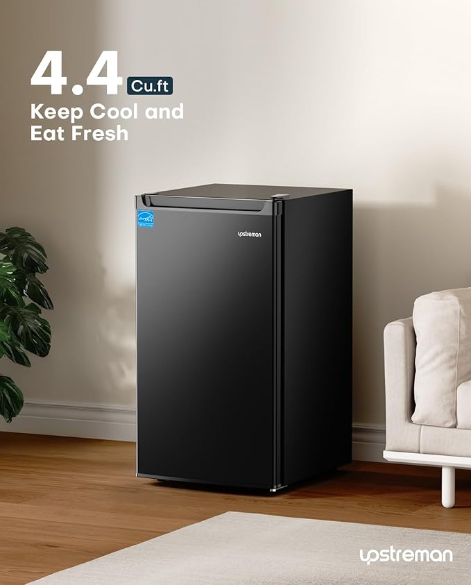 Upstreman 4.4 Cu.Ft Mini Fridge with Freezer, Single Door Mini Refrigerator for Bedroom, Extra Large Capacity, Energy-efficient, Small fridge for Office, Dorm, Kitchen, Black-BR44-Ruum Studio Home