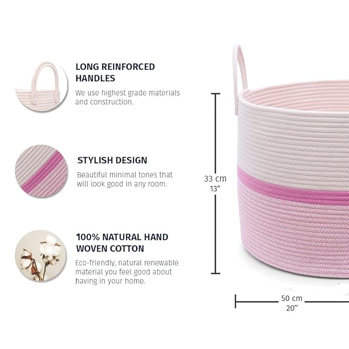 OrganiHaus Boho Woven Basket for Blankets and Laundry, Decorative Large Storage Bin for Living Room, Nursery Basket for Toys & Clothes, Soft Cotton Rope with Handles 20x13 inches - Striped Pink-Ruum Studio Home