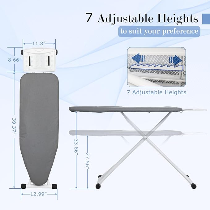 Ironing Board 48" X 13" with Safety Iron Rest Height Adjustable Iron Table Features Reinforced Steel Legs, Heat Resistant Cover, Grey-Ruum Studio Home