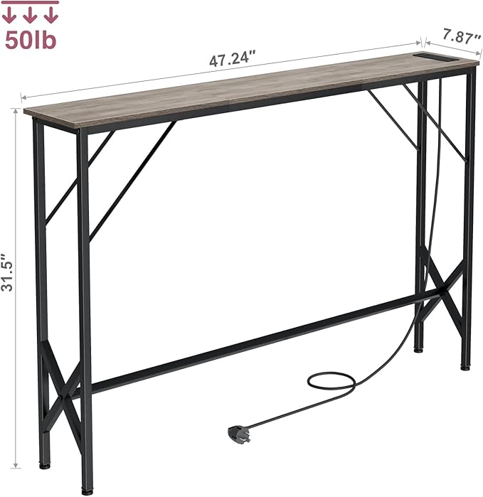 47.2'' Console Table, Skinny Entryway Table with Fast-Charging Station, Narrow Long Sofa Table, Behind Slim Couch Table for Entrance, Hallway, Living Room Decor ST-GY120-1-Ruum Studio Home