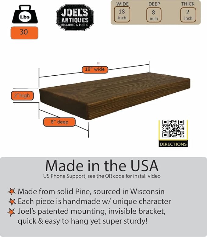 joelsantiques - 18 Inch Wooden Floating Shelves for Wall - 18x8x2 in - Made of Natural Wood - Heavy Duty Rustic Wall Shelves for Bedroom - Perfect for Living Room, Kitchen - Medium Brown-Ruum Studio Home
