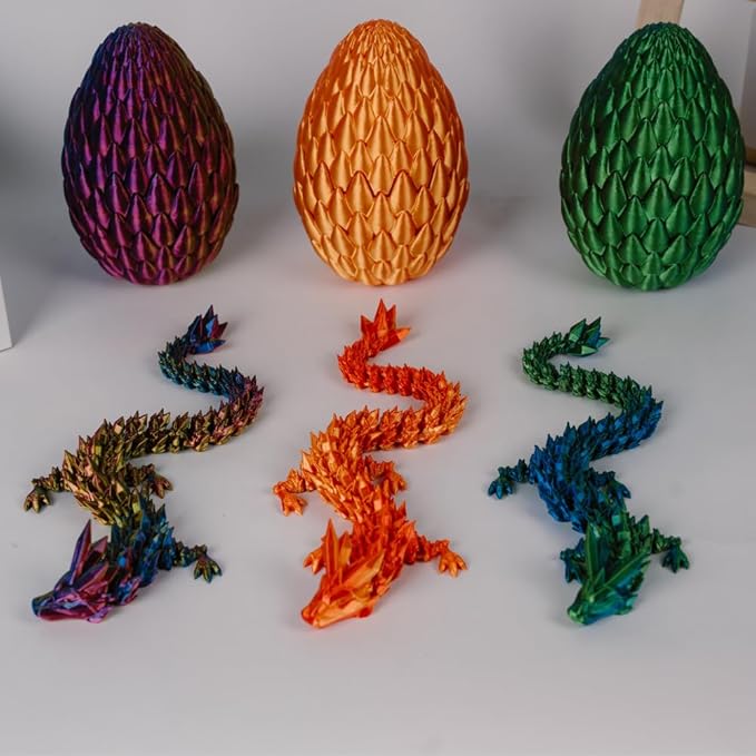 3PCS 3D Printed 12” Articulated Crystal Dragon Inside 5.1” Egg – Fantasy Collectible, Fidget Toy & Stocking Easter Basket Stuffers for Home & Office Decor (3PCS-Egg)-Ruum Studio Home