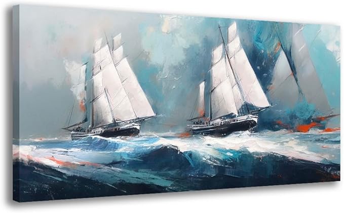 RUISHI Ocean Wall Art For Living Room Abstract Sailboat Canvas Nautical Painting Teal Blue Textured Print Coastal Themed Picture Artwork for Bedroom Bathroom Home Office Decoration 40L x 20W-Ruum Studio Home