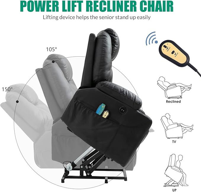 VIVIJASON Power Lift Chair Electric Recliner for Elderly Heated Vibration Massage Faux Leather Recliner Chair with 2 Remote Controls, Cup Holders, Side Pockets & USB Ports for Living Room (Black)-Ruum Studio Home