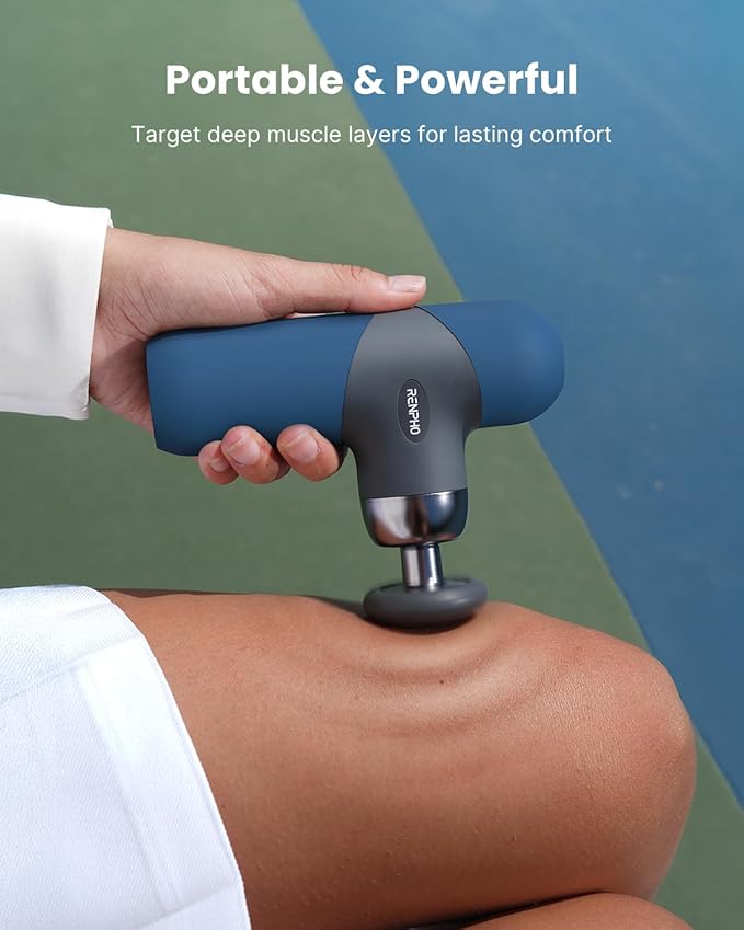 RENPHO Mini Thermal Massage Gun with Heat, Portable Deep Tissue Percussion Massager, Color Silicone Sleeves Travel Size with Carry Case, Aegean Blue-Ruum Studio Home
