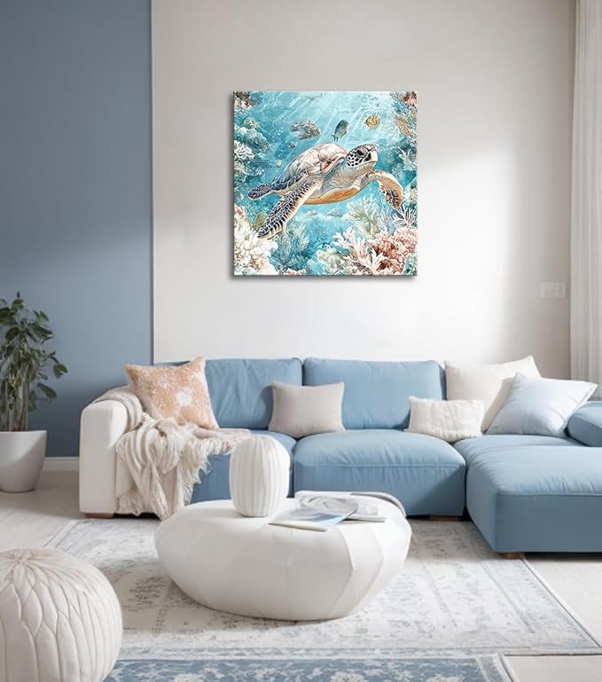 Sea Turtle Bathroom Wall Decor Ocean Theme Framed Canvas Wall Art Coastal Nautical Prints Picture Watercolor Coral Marine Life Painting for Kid Bedroom Living Room Home Decoration 14x14”-Ruum Studio Home