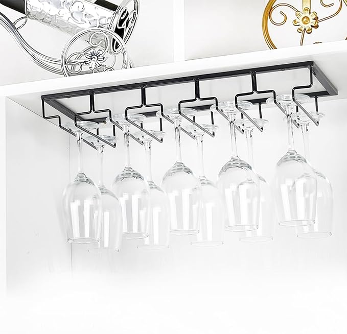 Wine Glass Rack - Under Cabinet Stemware Wine Glass Holder Glasses Storage Hanger 1 Pack Metal Organizer for Bar Kitchen 5 Rows Black-Ruum Studio Home
