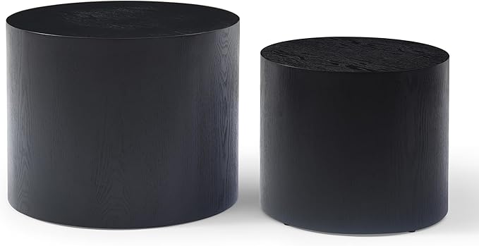 Nesting Coffee Table Set of 2, Modern Round Coffee Table with Non-Slip Feet, Wooden Circle Accent Tables for Small Spaces Living Room Bedroom Balcony Office Drum Side Table (Black)-Ruum Studio Home