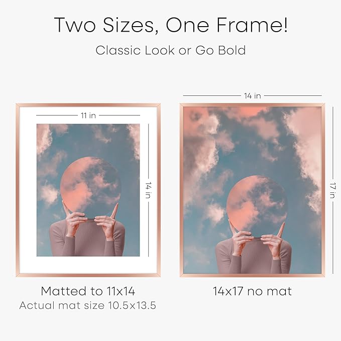 Homeforia 14x17 Picture Frame Rose Gold, High End Metal 14x17 Poster Frames with Mat 11x14 inch Photo, 14 x 17 Rose Gold Frame Matted to 11 by 14 Print, 17x14 Frame, Tempered Glass, Wall Kit, Set of 1-Ruum Studio Home