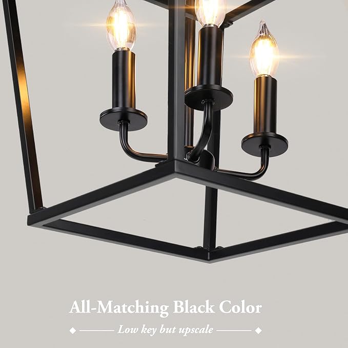 Farmhouse Chandelier 4-Light, Black Pendant Light Fixture for Kitchen Island Dining Room, Lantern Industrial Lighting Ceiling Hanging with Metal Cage Adjustable Height for Entryway Foyer-Ruum Studio Home