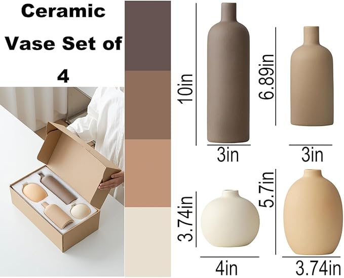 Modern Ceramic Vase Set, Neutral Colors, Decorative Vases for Home Shelf Decor, 4 Piece Collection (Coffee Mix Set 4)-Ruum Studio Home