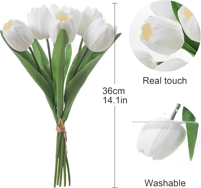 White Artificial Tulips, 2 Bundles 14Pcs, Fake Tulips Artificial Flowers, 2 x 2.4 Inch Large Flower Head Big Tulip, Easter Valentine's Day Mother's Day Home Decoration Flowers-Ruum Studio Home