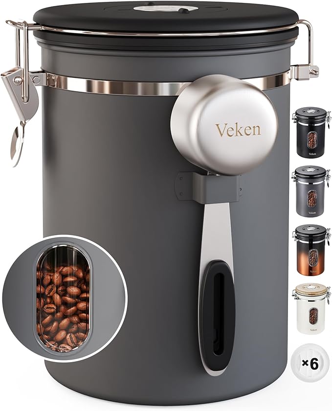 Veken Coffee Canister with Window,Airtight Stainless Steel Kitchen Food Storage Container, Date Tracker & Scoop for Grounds Coffee, Beans, Tea, Flour, Cereal,Sugar,22OZ,Grey-Ruum Studio Home