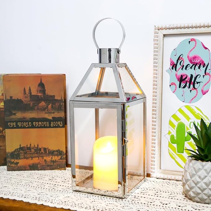 JHY Design Silver Decorative Lanterns 16inch High Stainless Steel Candle Lanterns with Tempered Glass for Indoor Outdoor Events Parities and Weddings-Ruum Studio Home