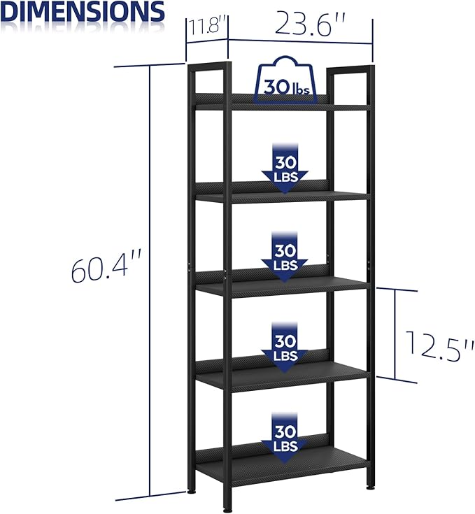 NUMENN Bookshelf, 5 Tier Bookshelves, Home Office Bookcase Shelf Storage Organizer, Free Standing Storage Shelving Unit for Bedroom, Living Room and Home Office, Carbon Fibre-Ruum Studio Home