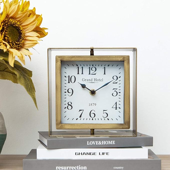 NIKKY HOME Rotating Table Clock, Non-Ticking Silent Battery Operated Decorative Mantel Desk Shelf Metal Clock for Home, Office, Living Room, Bed Room - Gold-Ruum Studio Home