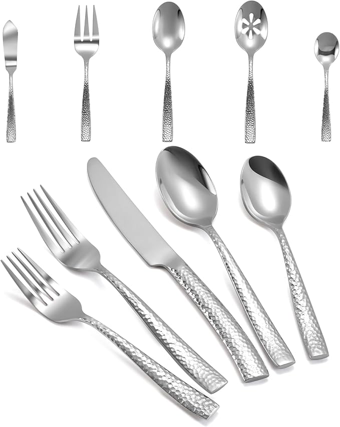 Silverware 45-Piece Silver Hammered Flatware Set with Serving Utensils Stainless Steel Thick Handle Mirror Polished Cutlery Set for Wedding Hotel Restaurant, Service for 8-Ruum Studio Home