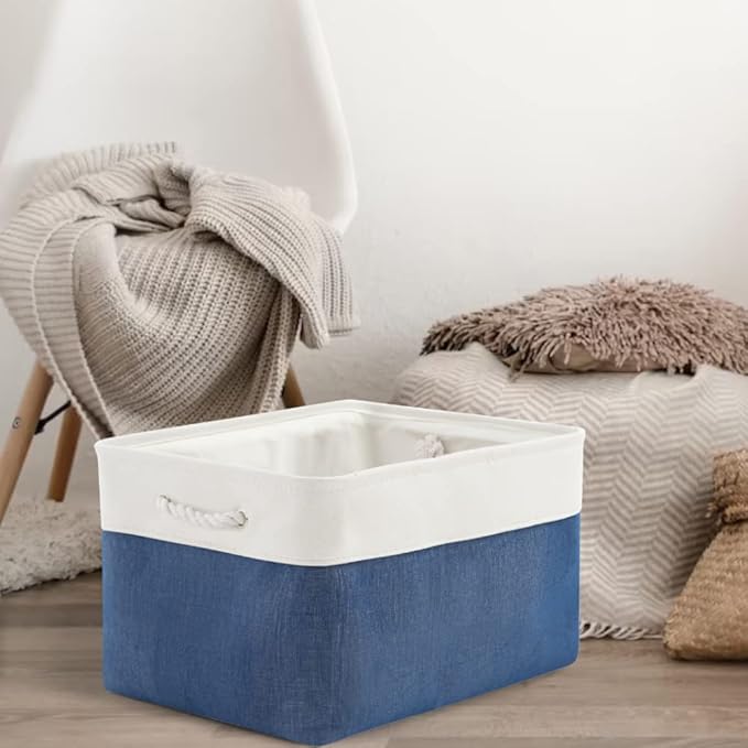 Organization and Storage Bins for Shelves - 2 Pack 17X15X12 inch Canvas Storage Cubes Collapsible Baskets for Organizing with Handles, Storage Box for Cloth Decorative (White & Blue)-Ruum Studio Home