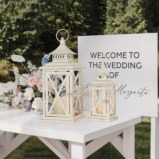 NEEDOMO Lanterns Decorative Outdoor&Indoor, Set of 4 (14"&10") Beige Metal Lantern Decor with Glass, Candle Holder for Porch, Patio, Garden, Balcony, Wedding, Table Centerpiece-Ruum Studio Home