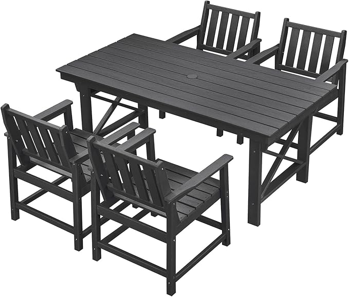 HDPE Patio Dining Set, 5-Piece Outdoor Table and Chairs with Umbrella Hole, Modern Outdoor Dining Set for 4, HDPE Outdoor Patio Furniture Dining Sets for Deck, Poolside, Porch, Obsidian-Ruum Studio Home