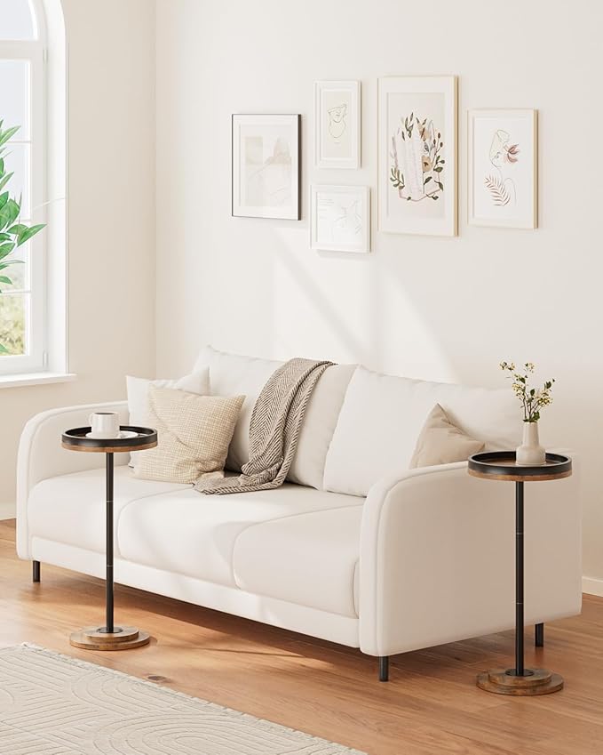 Masupu Drink Table, Round Side Table for Small Spaces, Pedestal Small End Table with Metal Base, for Living Room, Bedroom, Bathroom, Rustic Brown+Black(Lip)-Ruum Studio Home