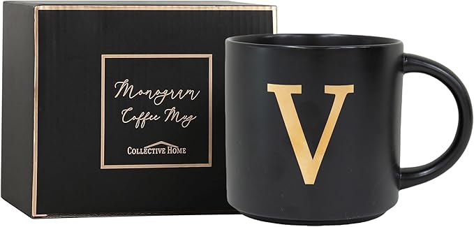 COLLECTIVE HOME - Monogram Ceramic Mugs, 15 oz Golden Initial Black Coffee Cups, Elegant Alphabet Tea Mugs, Elegant Personalized Mug with Gift Box, Unique Mug with Double Side Capital Lette (V)-Ruum Studio Home