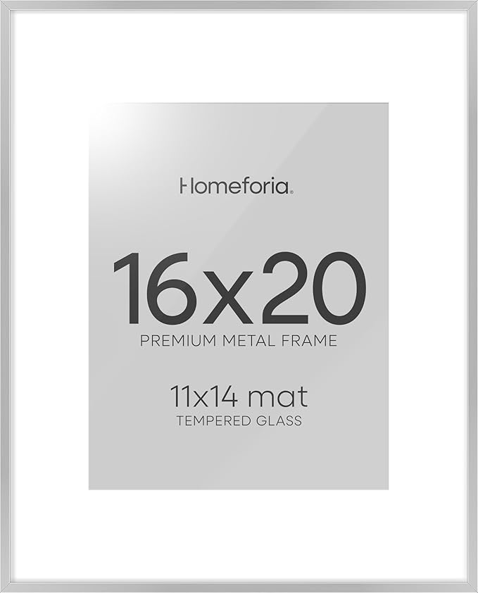 Homeforia 16 x 20 Picture Frame Silver, High End Metal 16 x 20 Frames with Mat 11 by 14 Photo, 16x20 Silver Poster Frame Matted to 11x14 Print, 20x16 Hanging Frames, Tempered Glass, Wall Kit, Set of 1-Ruum Studio Home