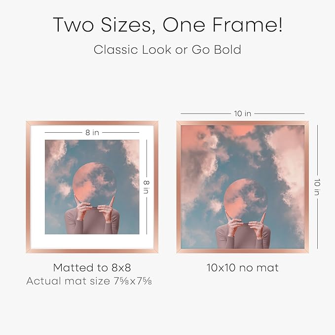 Homeforia 10x10 Picture Frame Rose Gold, High End Metal 10 by 10 Square Frames with Mat 8 x 8 Photo, 10by10 Poster Frame Matted to 8x8 Print, Wall or Tabletop Frame, Tempered Glass, Wall Kit, Set of 1-Ruum Studio Home