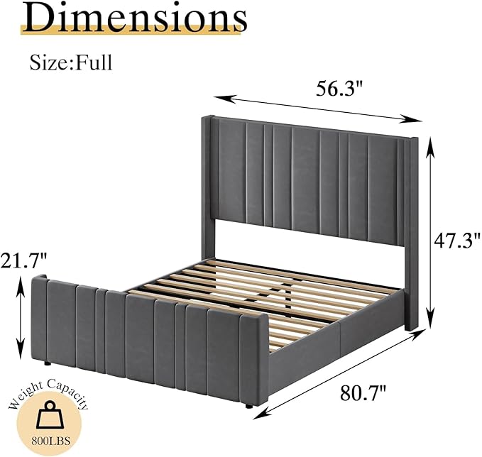 HOMBCK Full Bed Frame with Headboard, Upholstered Platform Bed Full Size with Velvet Headboard & Footboard/Vertical Channel Tufted/Wooden Slats/Noise Free/No Box Spring Needed/Easy Assembly, Grey-Ruum Studio Home