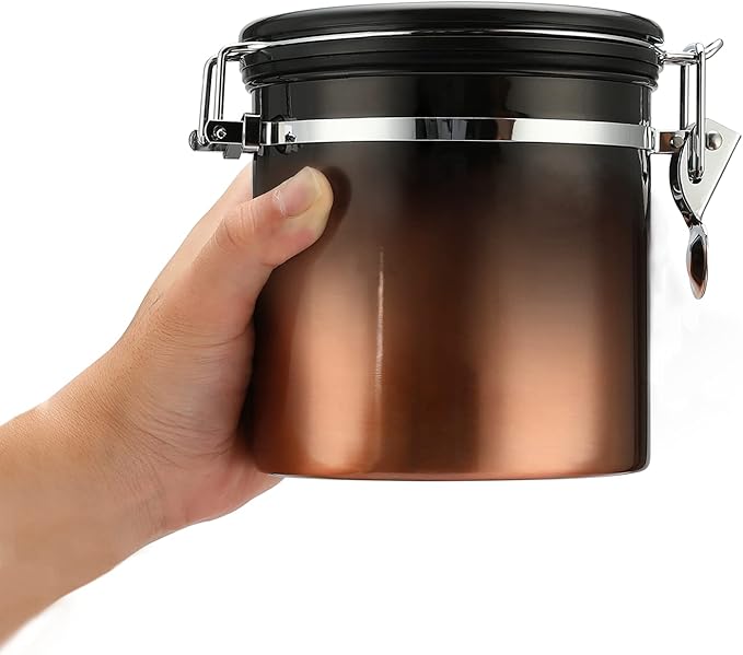 malmo Coffee Canister, Airtight Coffee Container with Date Tracker Lid, Stainless Steel Canister for Kitchen Food Storage (Black-Copper, 12oz)-Ruum Studio Home