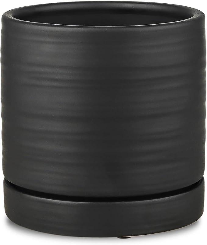 6 Inch Plant Pots, Ceramic Planter Pot with Drainage Hole & Saucer, Indoor/Outdoor Cylinder Round Planter Pot, Matte Black-Ruum Studio Home