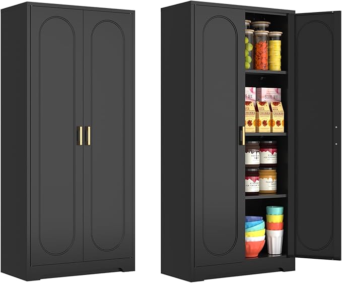 60" Tall Kitchen Pantry Cabinet, Metal Pantry Cabinet with Doors and Adjustable Shelves, Black Utility Storage Cabinet with Handles for Dining Room, Bathroom, Laundry Room - Assemble Required-Ruum Studio Home