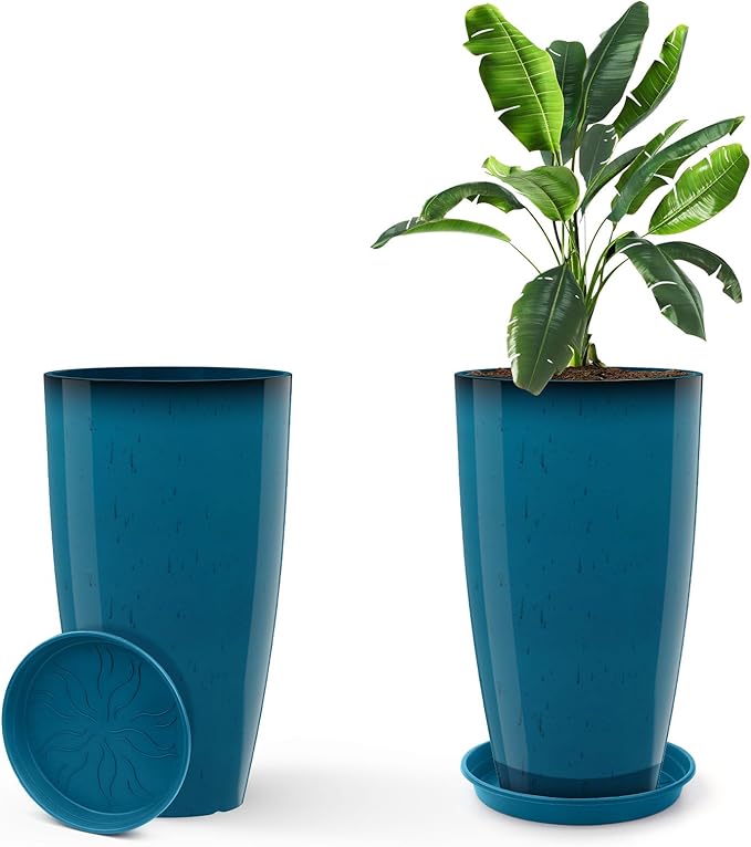 GameXcel Tall Flower Pot Indoor - Outdoor Plant Pot - Turquoise Glossy Planter - Elegant Stone Imitation - 12" Diameter 21" Tall with Drainage Holes and Saucer 2Pack-Ruum Studio Home