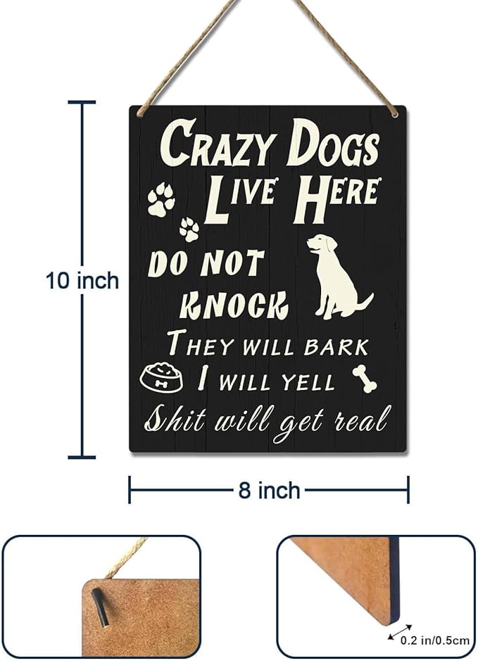 Do Not Knock or Ring Doorbell Sign for Front Door, Funny Dog Owner Warning Crazy Dogs Live Here Do Not Knock They Will Bark I Will Yell Wooden Signs, No Disturb Door Decor for Pet Lovers 10x8 Inch-Ruum Studio Home