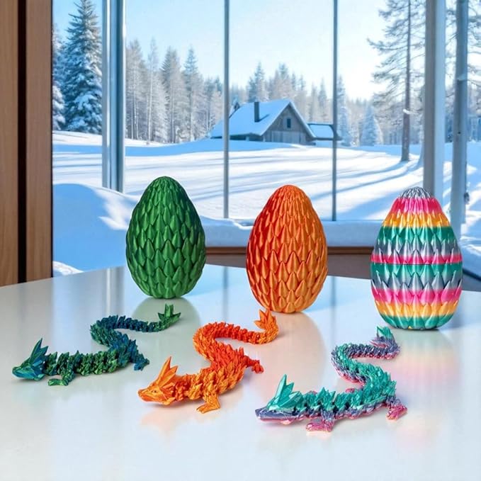 3PCS 3D Printed 12” Articulated Crystal Dragon Inside 5.1” Egg – Fantasy Collectible, Fidget Toy & Stocking Easter Basket Stuffers for Home & Office Decor (3pcs - Rainbow)-Ruum Studio Home