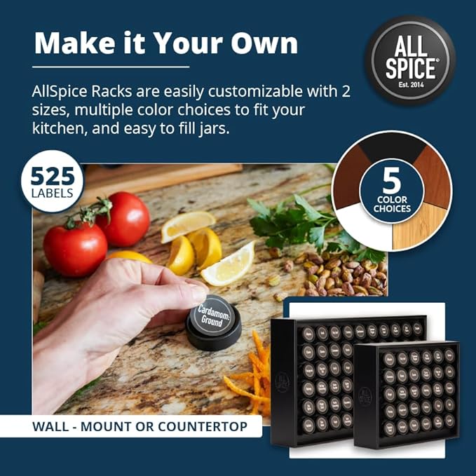 AllSpice Spice Rack Organizer, Wood, 525 Unique Labels, Countertop or Wall Mount, Includes 30 4oz Jars- Matte Black-Ruum Studio Home