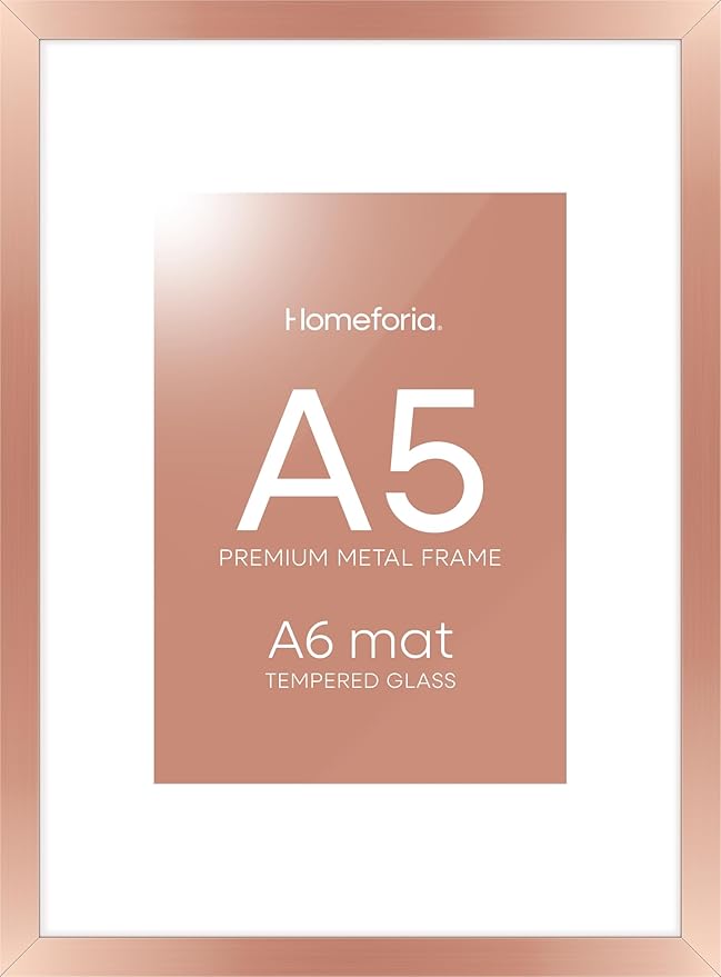 Homeforia A5 Frame Rose Gold, High End Metal 5.8 x 8.3 Picture Frames Matted to 4.1 by 5.8 inch Art, A5 Display Photo Frame with Mat A6, 5.8x8.3 Rose Poster Frames, Tempered Glass, Wall Kit, Set of 1-Ruum Studio Home