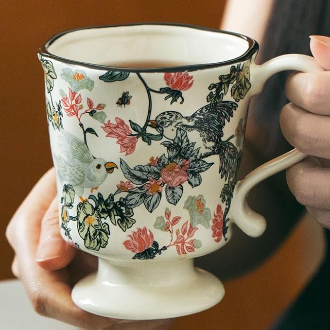 360ml -12.17oz Painted Floral & Bird Ceramic Mug - Cute Coffee Cup for Latte, Espresso - Gift for Women, Dishwasher Safe-Ruum Studio Home