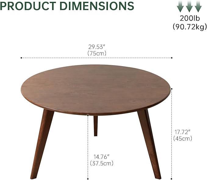 100% Solid Oak Wood Mini Coffee Table, Round Side Table w/Solid Wood Legs, Walnut Mid Century Coffee Table w/Sturdy Frame for Bedroom Balcony Living Room (29.53" D x 17.72" H)-Ruum Studio Home