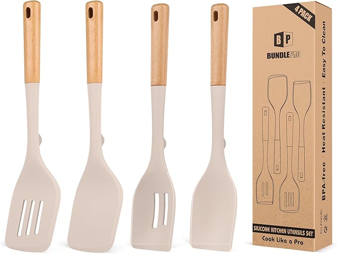 Pack of 4 Silicone Kitchen Utensils Set, Non Stick Solid Spatulas and Heat Resistant Slotted Spoons with Wooden Handle, Ideal BPA Free Cooking Utensils for Mixing,Serving,Turning,Stirring(KHAKI)-Ruum Studio Home