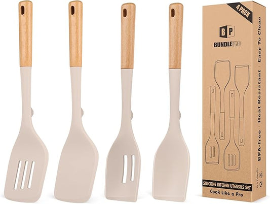 Pack of 4 Silicone Kitchen Utensils Set, Non Stick Solid Spatulas and Heat Resistant Slotted Spoons with Wooden Handle, Ideal BPA Free Cooking Utensils for Mixing,Serving,Turning,Stirring(KHAKI)-Ruum Studio Home