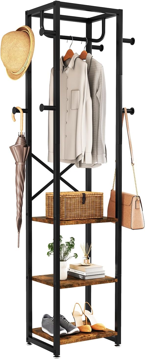 IBUYKE Coat Rack with Shelves, Freestanding Hall Tree with 3 Shelves and 8 Hooks, Industrial Clothes Stand for Entryway, Hallway, Bedroom, Rustic Brown UTMJ088H-Ruum Studio Home