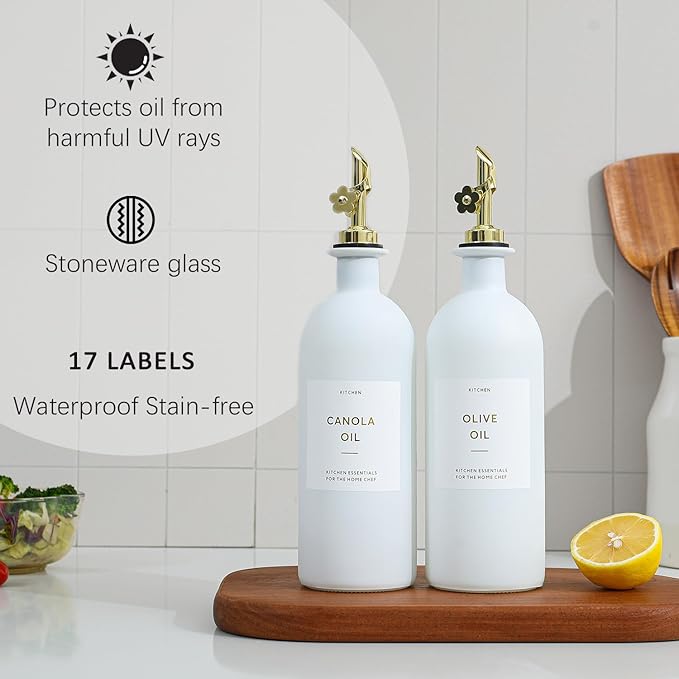 HOMCDALY Olive Oil Dispenser for Kitchen, 16oz Glass Oil Bottles with Bamboo Tray, Gold Oil&Vinegar Cruet Set, Kitchen Dispenser Bottles with Pourer | Set of 2 (16oz – Gold)-Ruum Studio Home