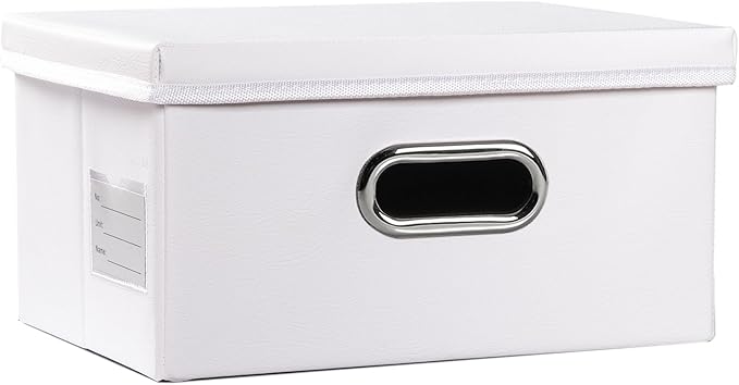 PRANDOM Collapsible Storage Box with Lid [1-Pack] Leather Fabric Foldable Storage Bin Organizer Container Basket Cube with Cover for Home Bedroom Closet Office Nursery White (13.6x9.6x6.9)-Ruum Studio Home