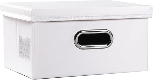 PRANDOM Collapsible Storage Box with Lid [1-Pack] Leather Fabric Foldable Storage Bin Organizer Container Basket Cube with Cover for Home Bedroom Closet Office Nursery White (13.6x9.6x6.9)-Ruum Studio Home