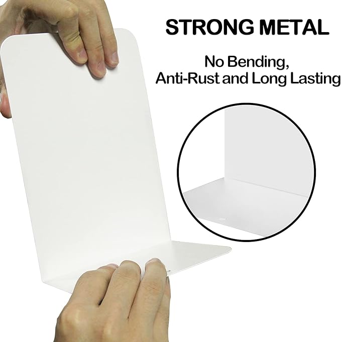 VONDERSO Metal Bookends, 4 Pairs White Metal Book Ends Heavy Duty for Shelves Decor Home Office, Unique White Bookends Supports Anti-Slip for Kids-Ruum Studio Home