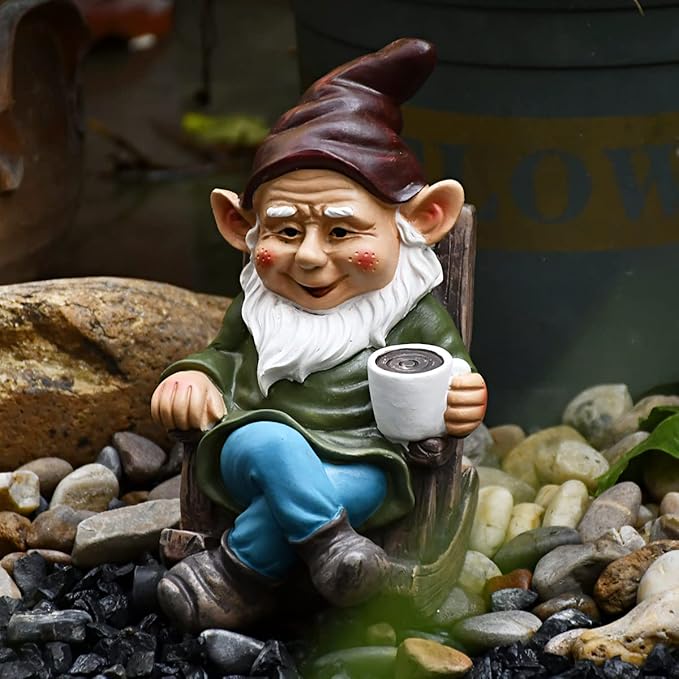 OwMell Drinking Coffee Garden Gnome Statue Decoration 7.3" Figurine Ornament for Indoor Outdoor Home Patio Yard Lawn - Coffee-Ruum Studio Home